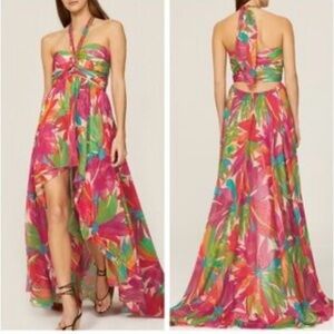 Ronny Kobo Collection Pink Tropical Halter High-Low Maxi Dress